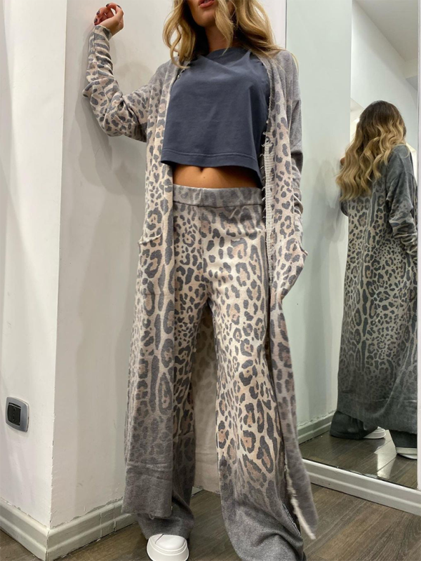 Loungewear- Leopard Print Lounge Set - Long Sleeve Cardigan Top & Pants- - Chuzko Women Clothing