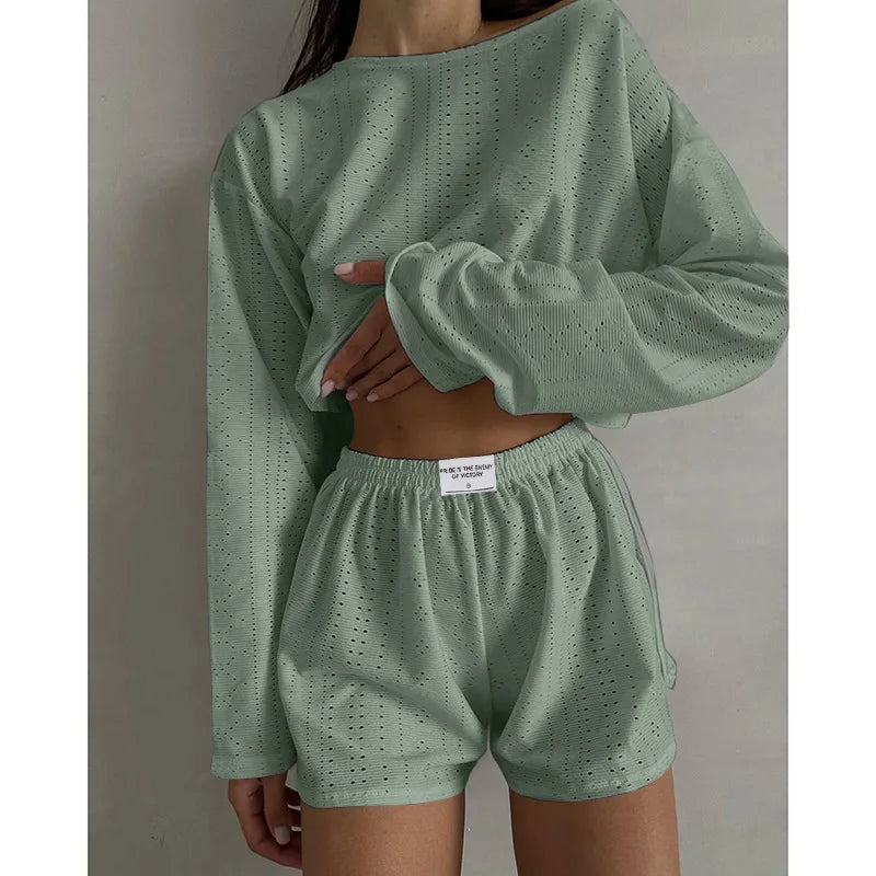 Loungewear- Spring & Summer Loungewear Eyelet Long Sleeve Top & Shorts- Green- Chuzko Women Clothing
