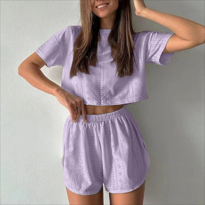 Loungewear- Spring & Summer Loungewear Eyelet Long Sleeve Top & Shorts- ST Purple- Chuzko Women Clothing