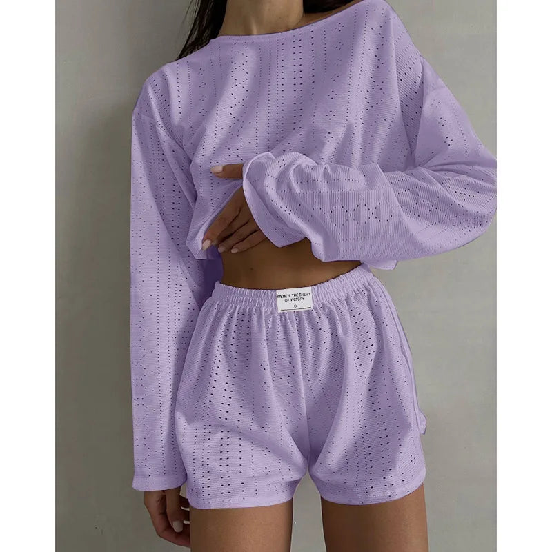 Loungewear- Spring & Summer Loungewear Eyelet Long Sleeve Top & Shorts- Purple- Chuzko Women Clothing