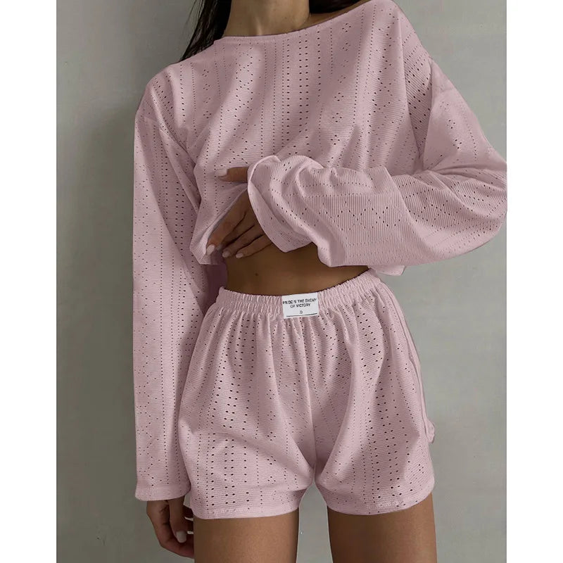 Loungewear- Spring & Summer Loungewear Eyelet Long Sleeve Top & Shorts- Pink- Chuzko Women Clothing
