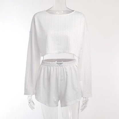 Loungewear- Spring & Summer Loungewear Eyelet Long Sleeve Top & Shorts- - Chuzko Women Clothing