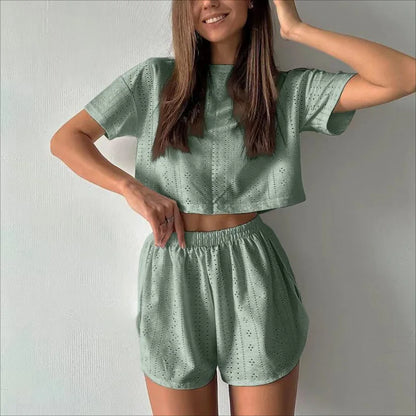 Loungewear- Spring & Summer Loungewear Eyelet Long Sleeve Top & Shorts- ST Green- Chuzko Women Clothing