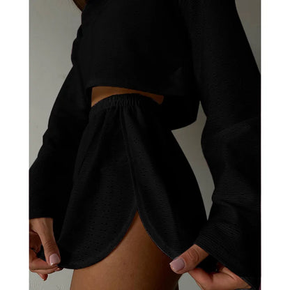 Loungewear- Spring & Summer Loungewear Eyelet Long Sleeve Top & Shorts- Black- Chuzko Women Clothing