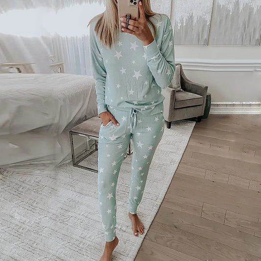Loungewear- Starry Comfy Women's Casual Pajama Set for Home & Leisure- Light Grey- Chuzko Women Clothing