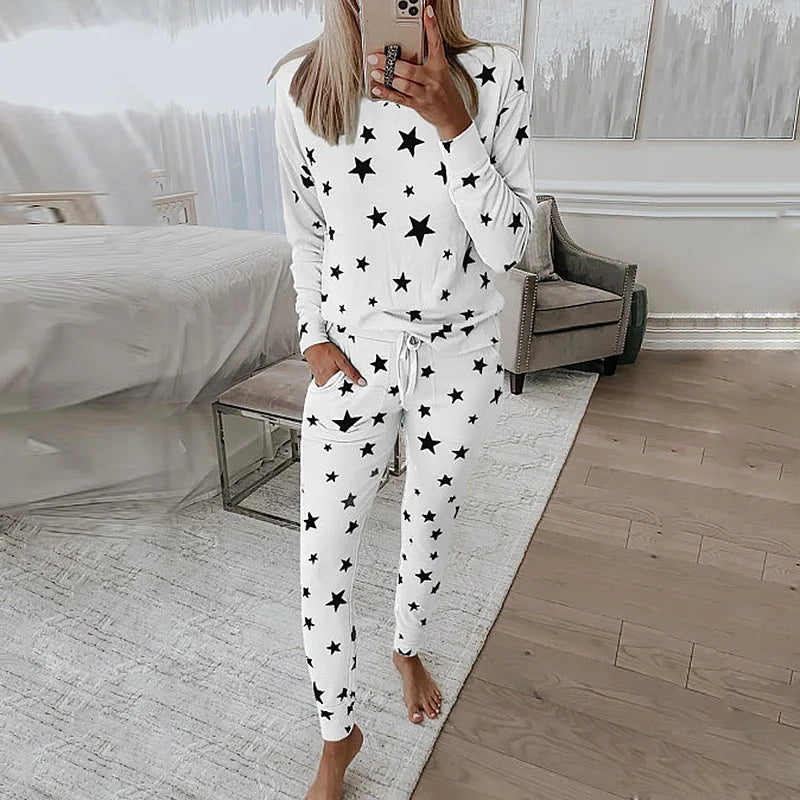 Loungewear- Starry Comfy Women's Casual Pajama Set for Home & Leisure- WHITE- Chuzko Women Clothing