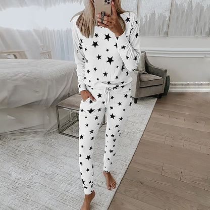 Loungewear- Starry Comfy Women's Casual Pajama Set for Home & Leisure- WHITE- Chuzko Women Clothing