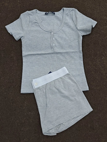 Loungewear- Striped Shorts and Tee Pajamas Lounge Set for Women- Striped- Chuzko Women Clothing