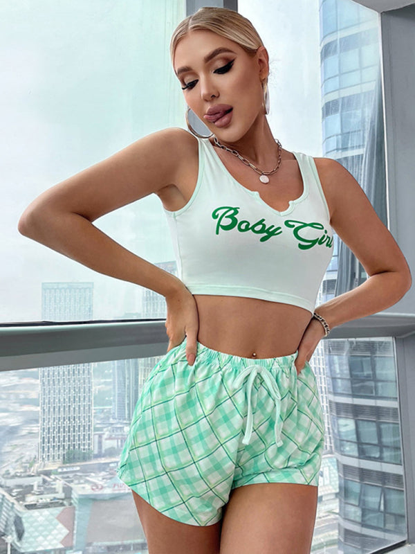 Loungewear- Summer Women's Plaid Pajamas 2 Piece Set - Tank Top & Shorts- Green- Chuzko Women Clothing