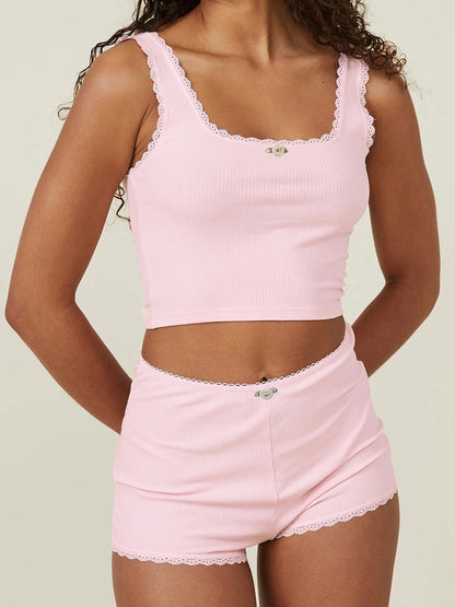 Loungewear- Women Loungewear Sleeveless Crop Top & Slim Shorts- Pink- Chuzko Women Clothing