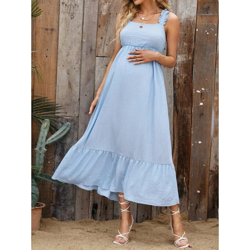 Maternity Dresses- Cotton A-Line Maternity Midi Dress with Ruffle Straps- - Chuzko Women Clothing