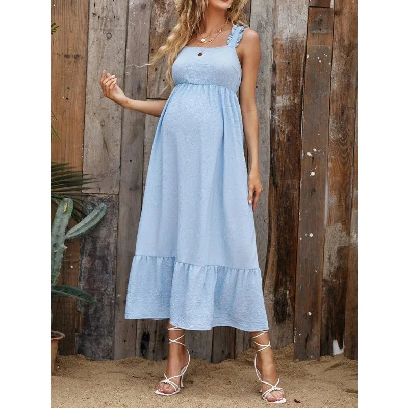 Maternity Dresses- Cotton A-Line Maternity Midi Dress with Ruffle Straps- - Chuzko Women Clothing