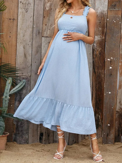 Maternity Dresses- Cotton A-Line Maternity Midi Dress with Ruffle Straps- Sky Blue- Chuzko Women Clothing
