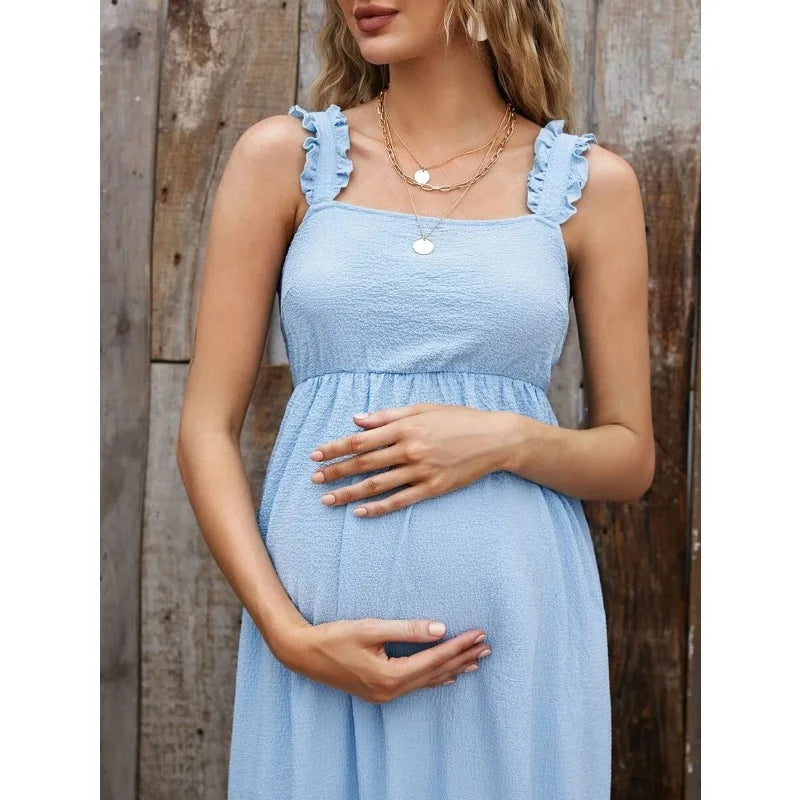 Maternity Dresses- Cotton A-Line Maternity Midi Dress with Ruffle Straps- - Chuzko Women Clothing