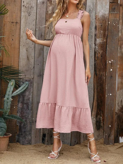 Maternity Dresses- Cotton A-Line Maternity Midi Dress with Ruffle Straps- Pink- Chuzko Women Clothing