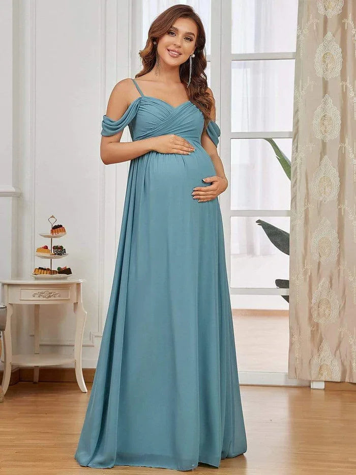 Maternity Dresses- Draped Maternity Evening Gown—Perfect for Elegant Events- Dusty Blue- Chuzko Women Clothing