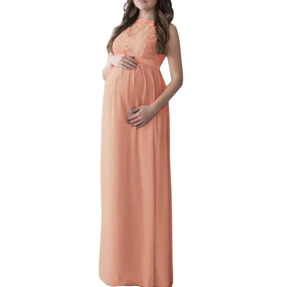 Maternity Dresses- Elegant Lace-Accented Maternity Dress for Special Events- Orange- Chuzko Women Clothing