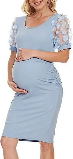 Maternity Dresses- Elegant Lace Sleeve Bodycon Maternity Dress for Baby Showers- Blue- Chuzko Women Clothing
