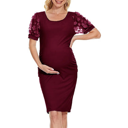 Maternity Dresses- Elegant Lace Sleeve Bodycon Maternity Dress for Baby Showers- Wine Red- Chuzko Women Clothing
