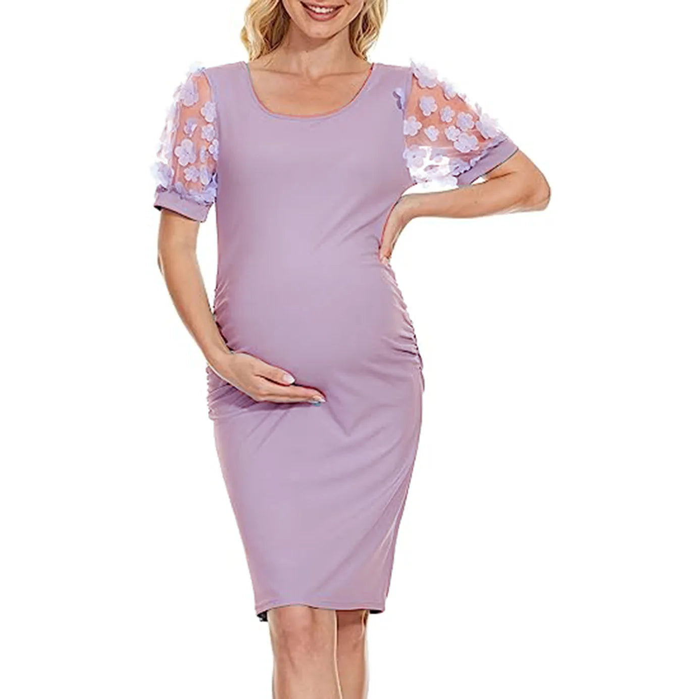 Maternity Dresses- Elegant Lace Sleeve Bodycon Maternity Dress for Baby Showers- Purple- Chuzko Women Clothing