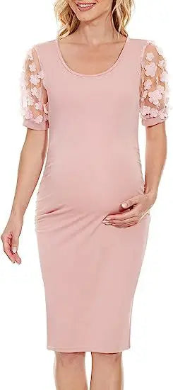 Maternity Dresses- Elegant Lace Sleeve Bodycon Maternity Dress for Baby Showers- Pink- Chuzko Women Clothing