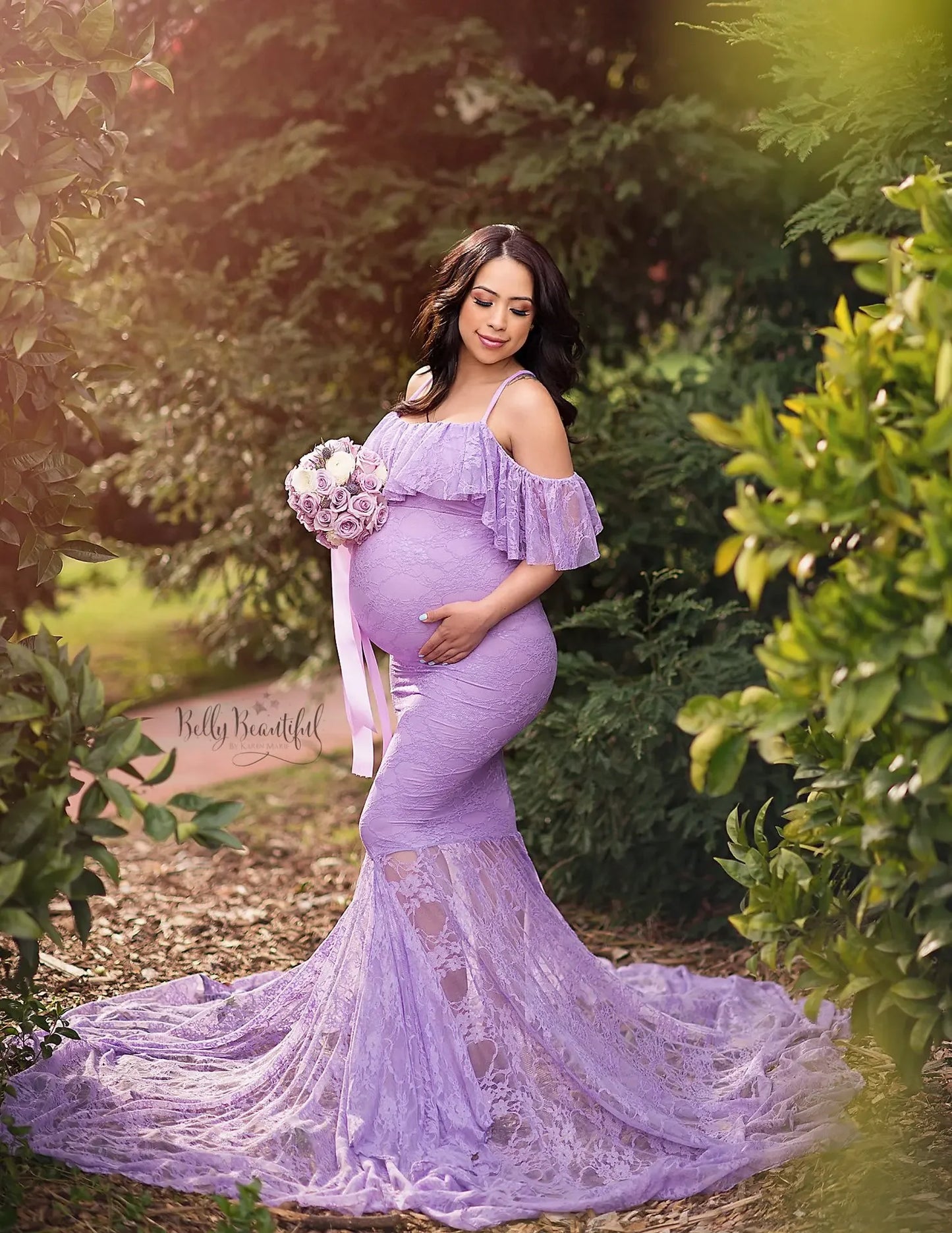Maternity Dresses- Elegant Sweep Off Shoulder Trumpet Maternity Dress for Special Occasions- Purple- Chuzko Women Clothing