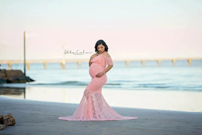 Maternity Dresses- Elegant Sweep Off Shoulder Trumpet Maternity Dress for Special Occasions- Pink- Chuzko Women Clothing