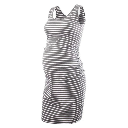Maternity Dresses- Essential Spring Striped Bodycon Maternity Dress with Ruched Sides- dark gray- Chuzko Women Clothing