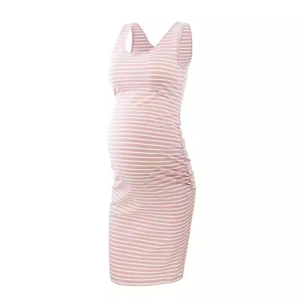 Maternity Dresses- Essential Spring Striped Bodycon Maternity Dress with Ruched Sides- Pink- Chuzko Women Clothing
