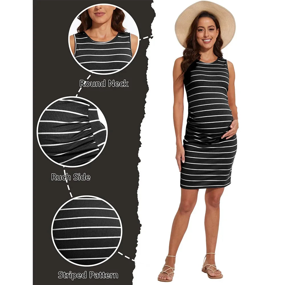 Maternity Dresses- Essential Spring Striped Bodycon Maternity Dress with Ruched Sides- - Chuzko Women Clothing