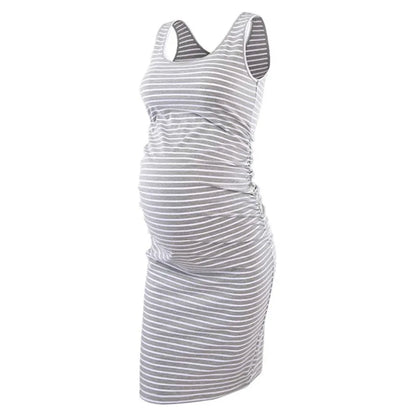 Maternity Dresses- Essential Spring Striped Bodycon Maternity Dress with Ruched Sides- Light Gray- Chuzko Women Clothing