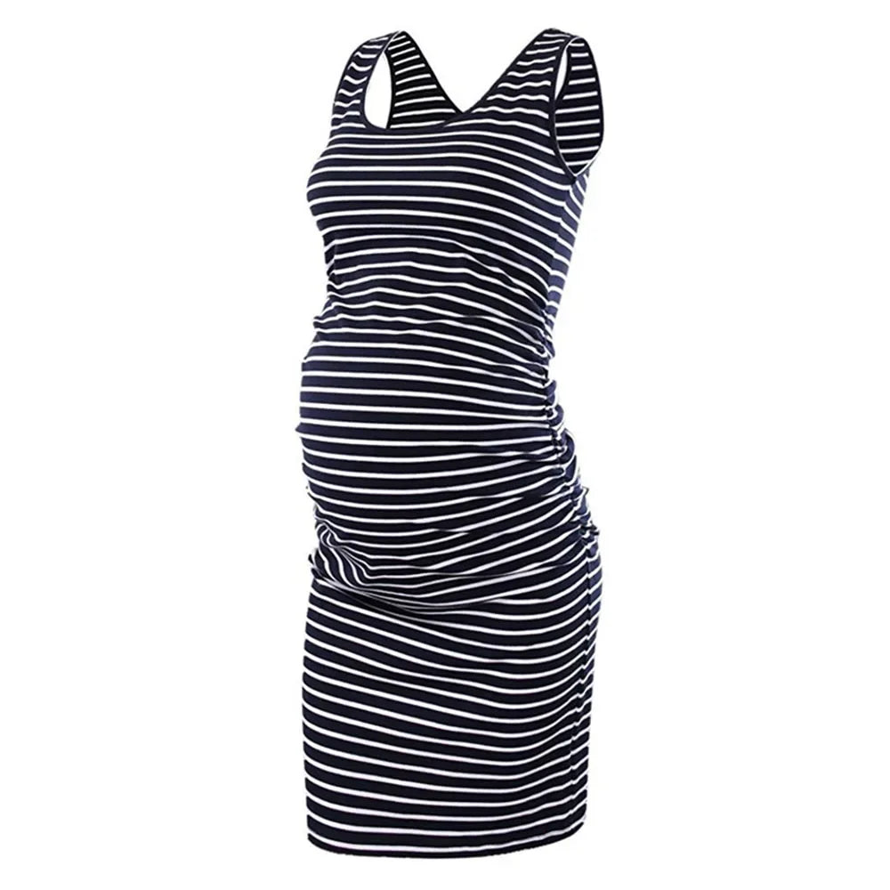 Maternity Dresses- Essential Spring Striped Bodycon Maternity Dress with Ruched Sides- Black- Chuzko Women Clothing