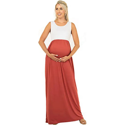 Maternity Dresses- Essential Summer Maternity Maxi Dress with Tank Top Design- Orange Red- Chuzko Women Clothing