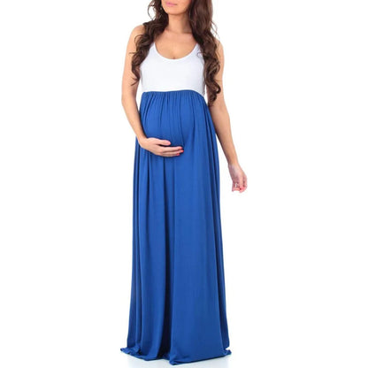 Maternity Dresses- Essential Summer Maternity Maxi Dress with Tank Top Design- Blue- Chuzko Women Clothing