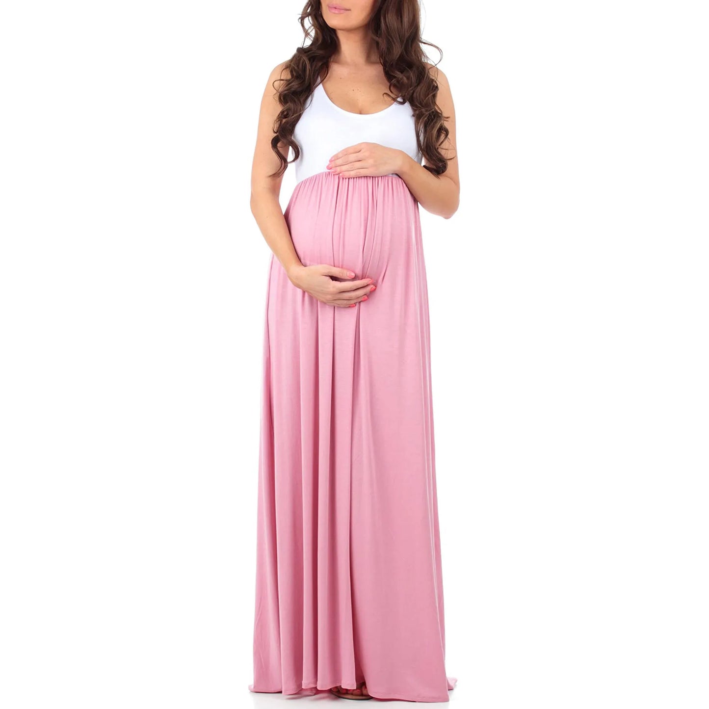 Maternity Dresses- Essential Summer Maternity Maxi Dress with Tank Top Design- Pink- Chuzko Women Clothing