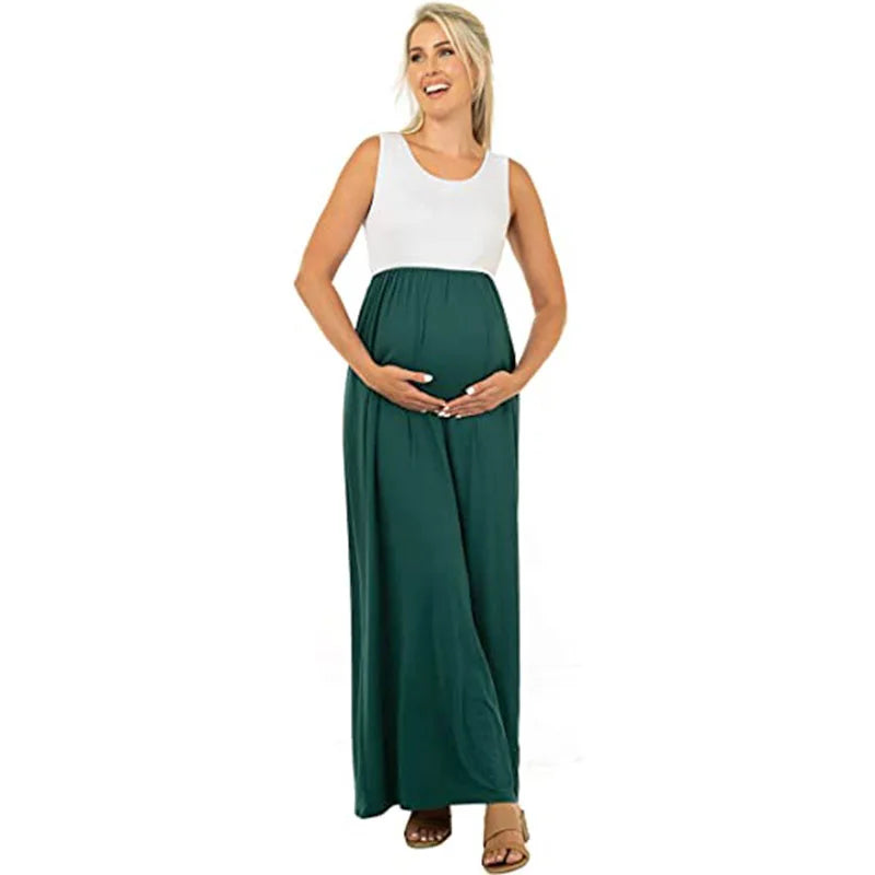 Maternity Dresses- Essential Summer Maternity Maxi Dress with Tank Top Design- Green- Chuzko Women Clothing