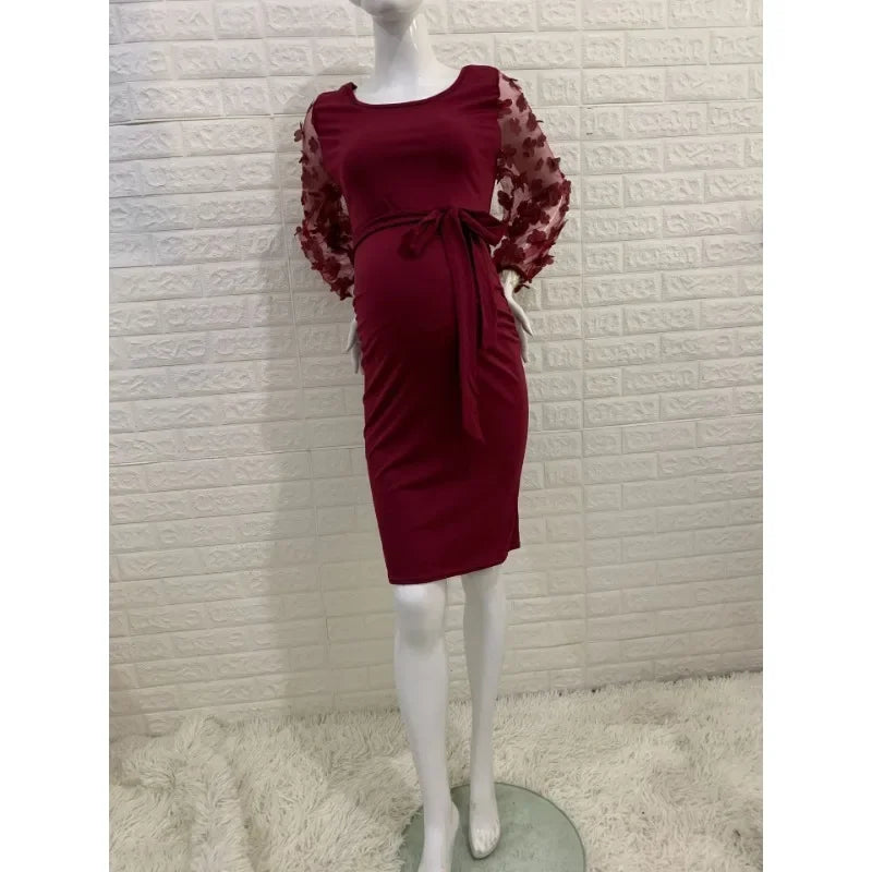 Maternity Dresses- Floral Lace Sleeve Bodycon Maternity Dress for Chic Moms-to-Be- Dark red- Chuzko Women Clothing