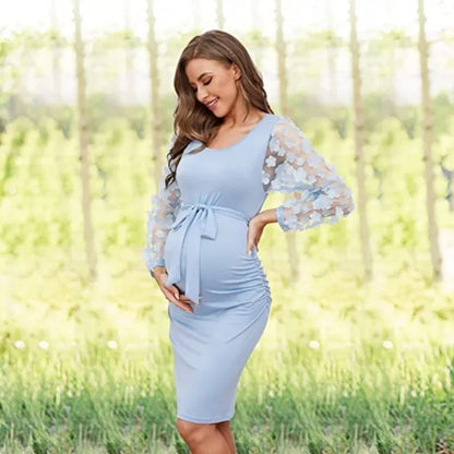 Maternity Dresses- Floral Lace Sleeve Bodycon Maternity Dress for Chic Moms-to-Be- Sky blue- Chuzko Women Clothing