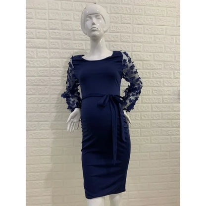 Maternity Dresses- Floral Lace Sleeve Bodycon Maternity Dress for Chic Moms-to-Be- Dark blue- Chuzko Women Clothing