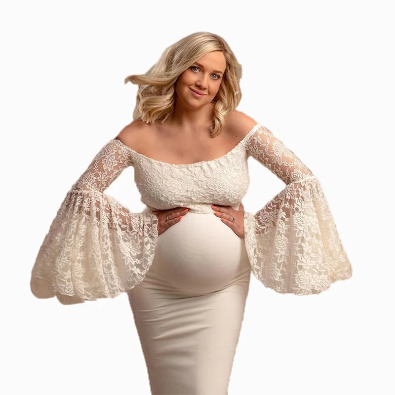 Maternity Dresses- Lace Sleeve Maternity Evening Gown - Floor-Length Mermaid Maternity Dress- White- Chuzko Women Clothing
