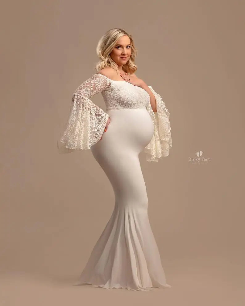 Maternity Dresses- Lace Sleeve Maternity Evening Gown - Floor-Length Mermaid Maternity Dress- - Chuzko Women Clothing