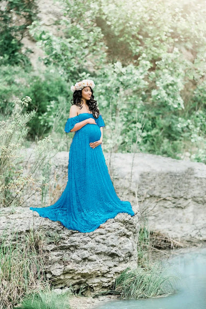 Maternity Dresses- Maternity Dress with Elegant Train for Formal Events- Lake blue- Chuzko Women Clothing