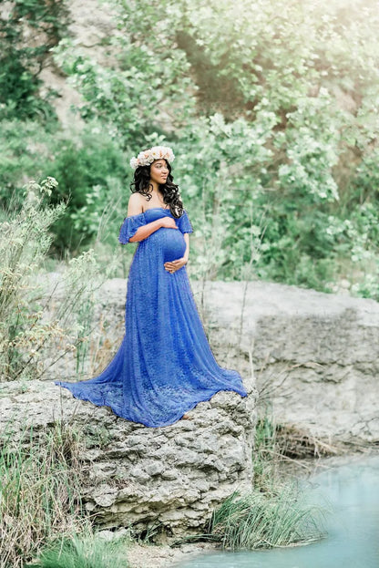 Maternity Dresses- Maternity Dress with Elegant Train for Formal Events- Blue- Chuzko Women Clothing