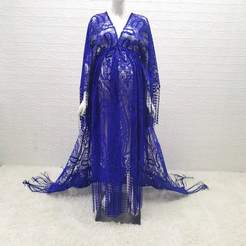Maternity Dresses- Maternity Sweep Train Lace Dress for Unforgettable Moments- Blue- Chuzko Women Clothing