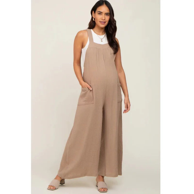 Maternity Playsuits- Casual Maternity Cotton Bib Playsuit - Wide-Leg Loose Jumpsuit- - Chuzko Women Clothing