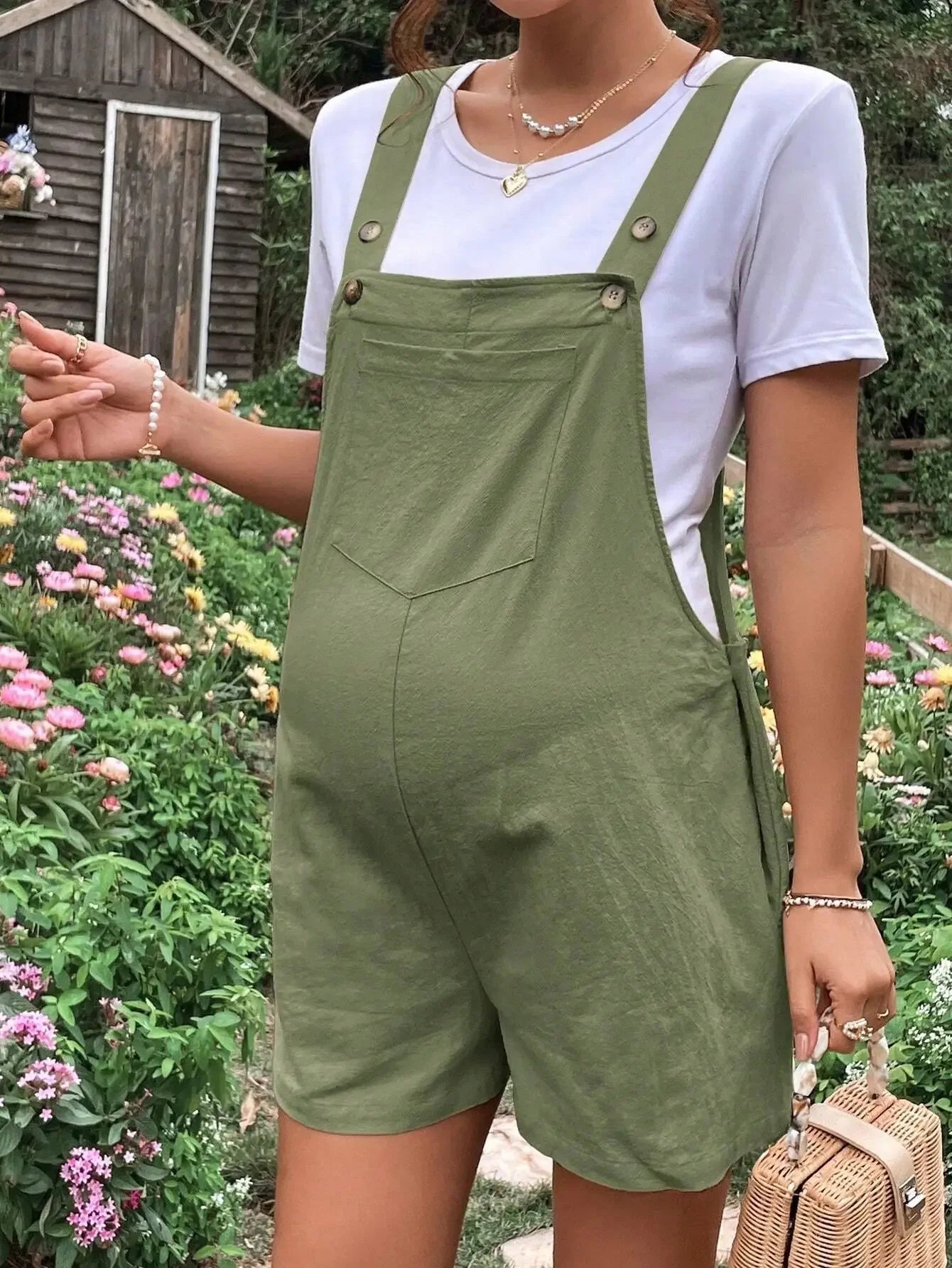 Maternity Playsuits- Solid Cotton Bib Shorts Maternity Romper- Green- Chuzko Women Clothing