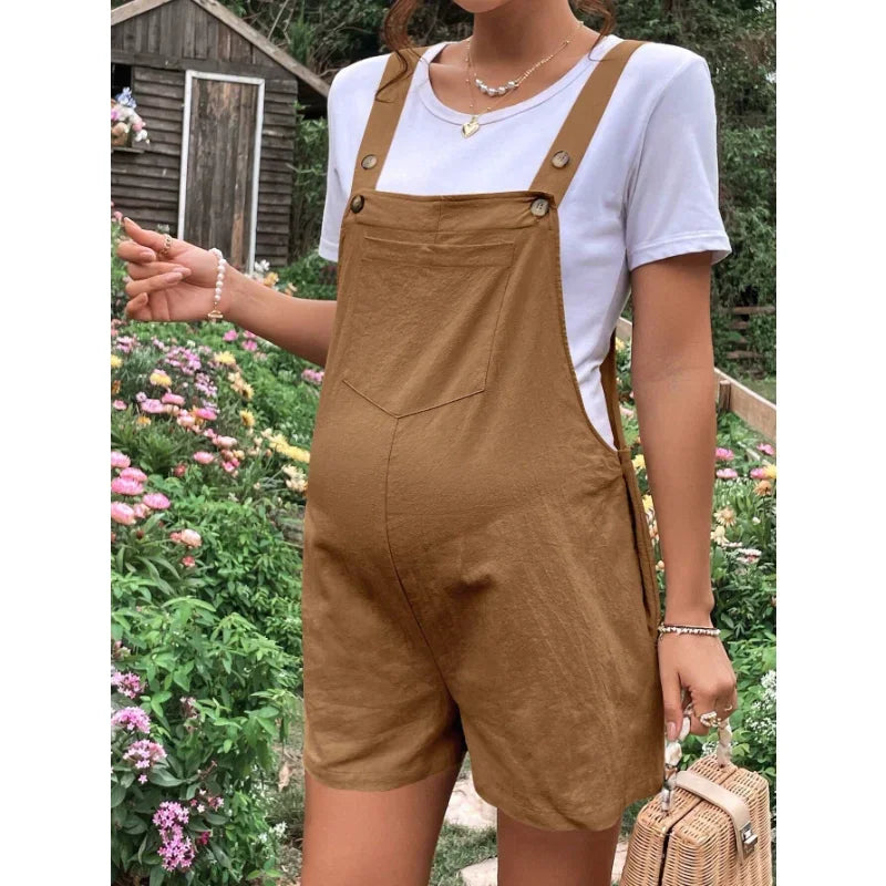 Maternity Playsuits- Solid Cotton Bib Shorts Maternity Romper- - Chuzko Women Clothing