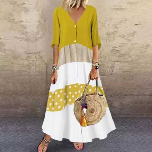 Maxi Dresses- Casual Loose Fit Maxi Dress for Outdoor Gatherings& Summer Events- Yellow- Chuzko Women Clothing