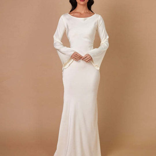 Maxi Dresses- Elegant Cocktail Mermaid Maxi Dress with Bell Sleeves & Lace-Up Back- White- Chuzko Women Clothing