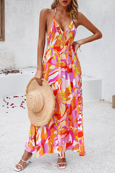 Maxi Dresses- Floral Tie-Back Smocked A-Line Cami Maxi Dress with Slit Side- Chuzko Women Clothing